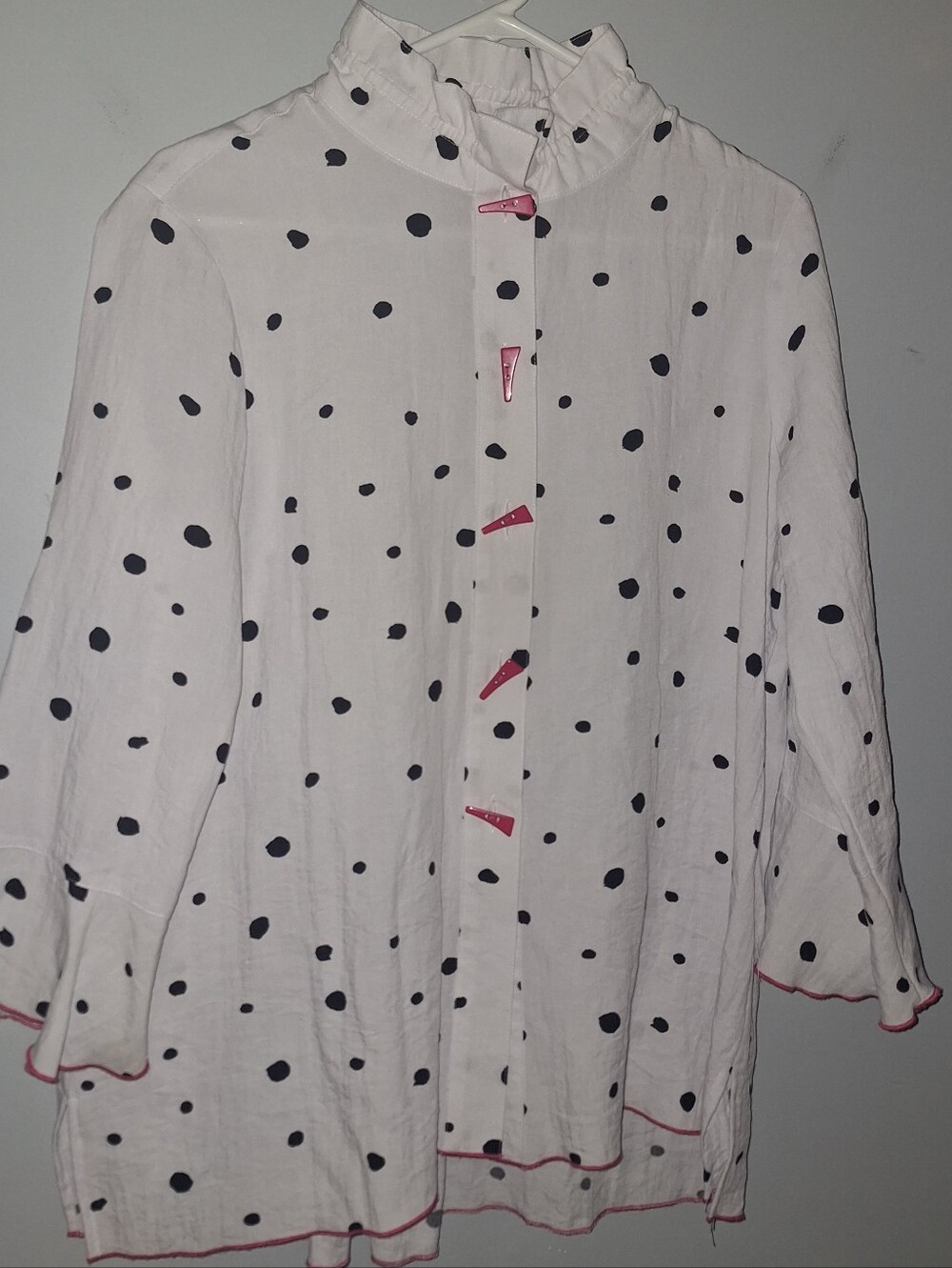 Ali Miles Large Artsy Lagenlook Button-Down White Polka Dot Triangle Blouse L